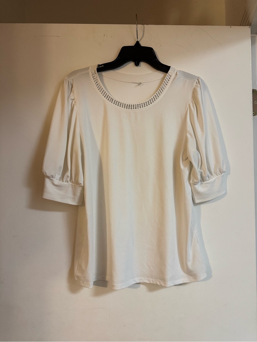 Elegant White Puff-Sleeve Women's Top with Embellished Neckline